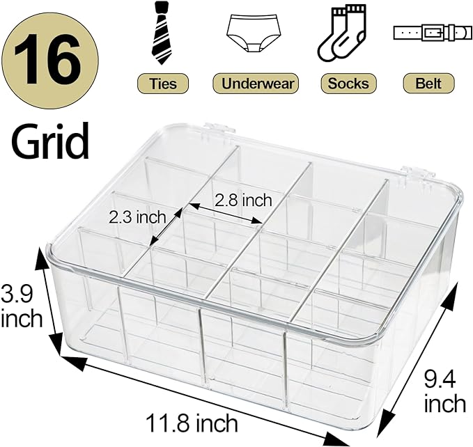 ZEXALOR Socks Underwear Drawer Organzier Dividers, 16 Compartment Removable Divided Plastic Storage Bin with Lid, Storage Organizer for Scarves Ties Bras, Clear Dresser Drawer Organizers - Image 3