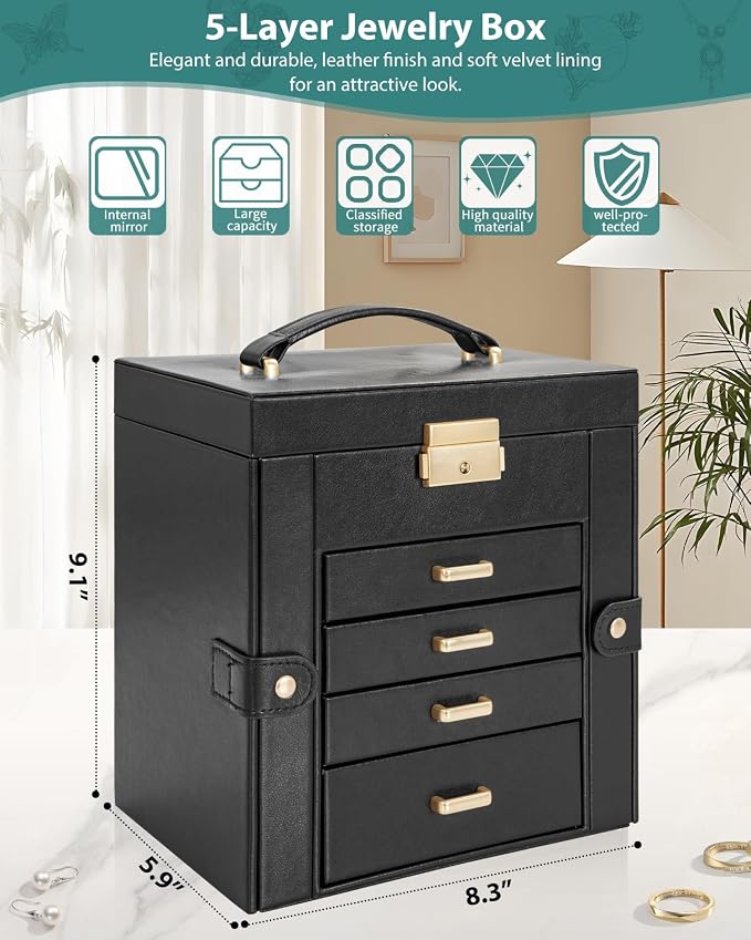 AKOZLIN 5-Tier Jewelry Box Leather Jewelry Storage Organizer with 4 Drawers Lockable for Women Girls Ring Necklace Earring Bracelet Watches Holder with Mirror Black - Image 2