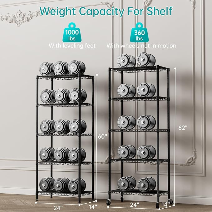 SINGAYE 5 Shelf Storage Wire Shelves Closet Bathroom Organizers Metal Pantry Kitchen Garage Shelving Unit Laundry Room Organization Home Narrow Rack Net Basket with Wheels Black - Image 3