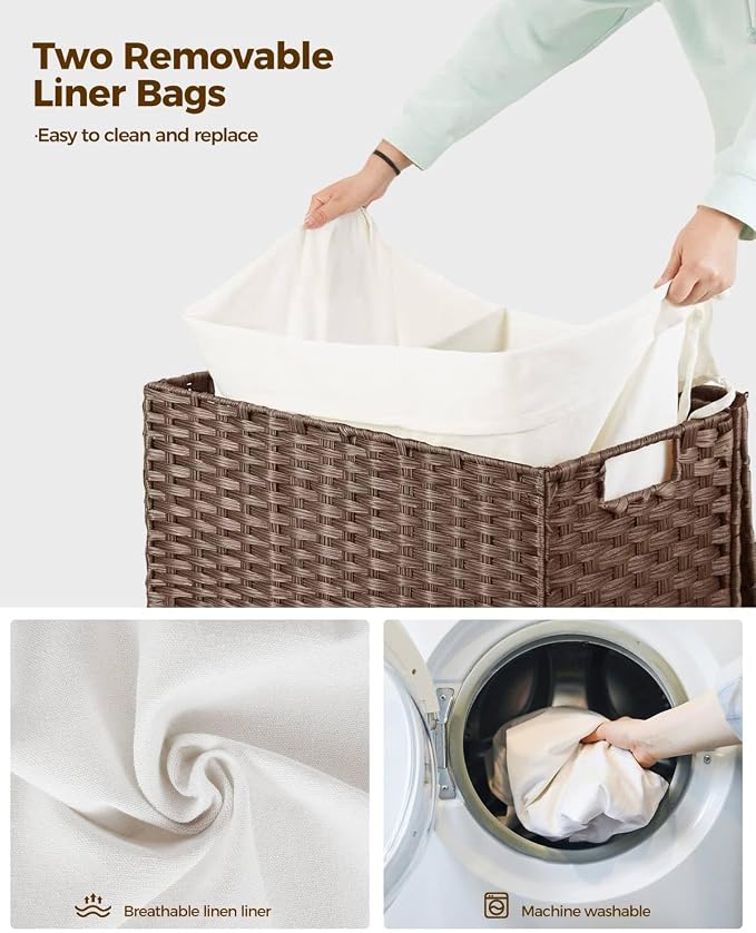 Greenstell Laundry Hamper with Wheels, No Install Needed, 90L Divided Handwoven Hampers & 2 Removable Liner Bags, Synthetic Rattan Clothes Laundry Basket with Lid & Handles, Foldable Hampers Brown - Image 5