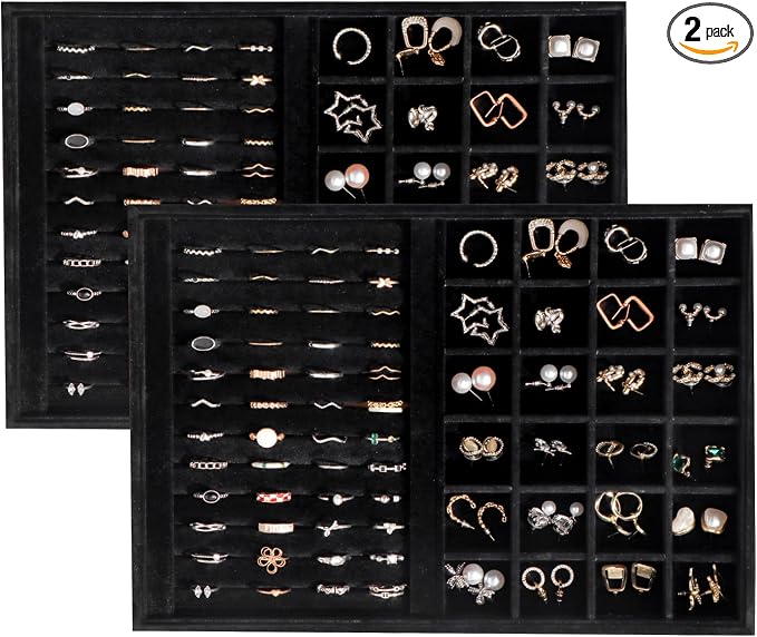 Large Velvet Jewelry Tray 2 Pack Stackable Jewelry Display Drawer Inserts Trays Organizer for Earring Bracelet Necklace Ring (Black, Ring and 24 Grids) by Unknown