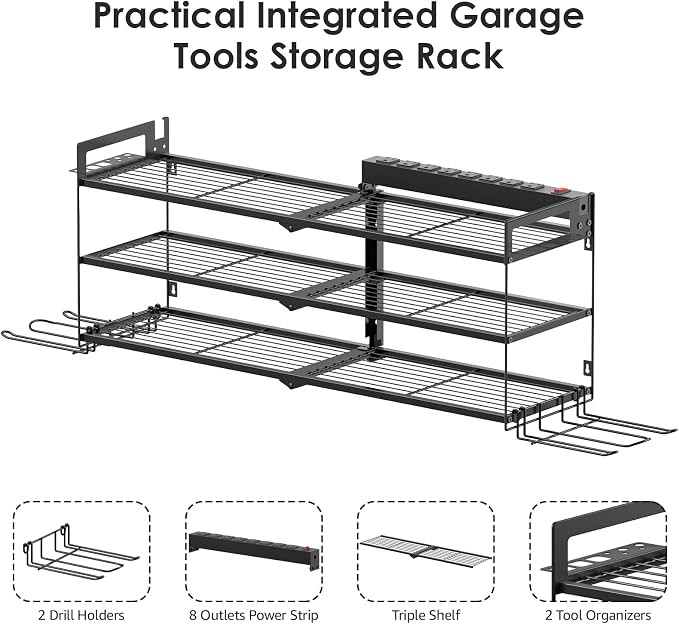 CCCEI Large Garage Tools Storage with Charging Station. Power Tool Battery Organizer Utility Shelf with Power Strip. 4 Drills Holder Wall Mount Rack, Black 3 Layer. - Image 4