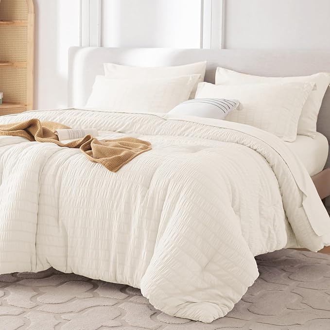 MUXHOMO 7 Pieces King Comforter Set, Seersucker Bed in a Bag King Size, All Season Luxury Bedding Set with Comforter, Flat Sheet, Fitted Sheet, Pillowcases & Shams, Ivory