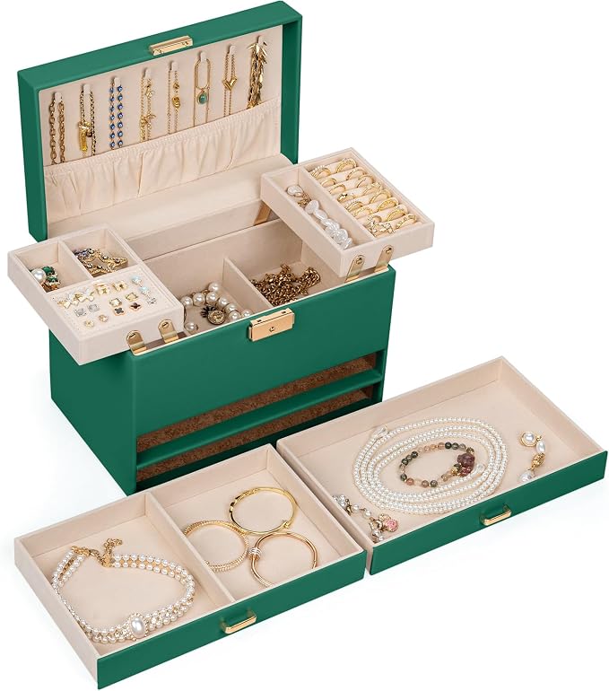 AKOZLIN Travel Jewelry Box Organizer Functional 2-trays Leather Jewelry Storage Case with Lockable Portable 2 Drawers for Women Girls Ring Necklace Earring Bracelet - Image 6