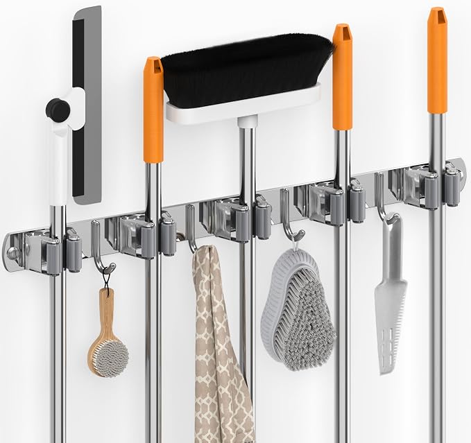 5 Grippers Broom Holder Wall Mount with 4 Hooks Stainless Steel Mop and Broom Organizer Self Adhesive or Screw Fixing for Garden Tool Rack Closet Laundry Room Kitchen Garage Storage Utility Hook by Unknown