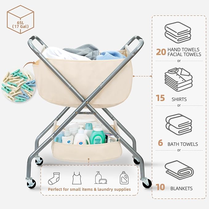 STORAGE MANIAC Collapsible Laundry Cart with Wheels 31.5"H Rolling Laundry Hamper Clothes Basket with Wheels, Canvas Liner Sturdy Steel Frame Folding for Small Narrow Space Easy Storage, Beige - Image 4