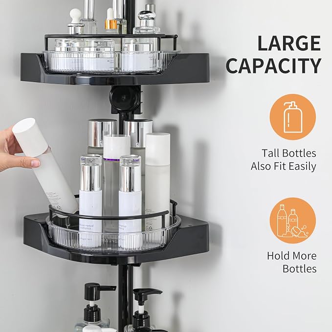 360° Rotating Shower Caddy Tension Pole, 3 Tiers Corner Shower Organizer for Bathroom Shelf Bathtub, Adjustable Standing Shower Rack Bathroom Accessories, Easily Assemble, 34-124 Inch Height, Black - Image 5