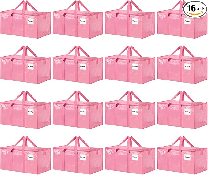 16 Pack Extra Large Heavy Duty Moving Bags, Pink Storage Bins with Lids, Reinforced Handles & Heavy-Duty Zippers Moving Boxes Storage Bags Totes for Clothes Packing, Dorms, College Supplies, Pink by ukeetap