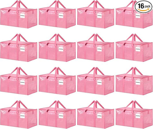 16 Pack Extra Large Heavy Duty Moving Bags, Pink Storage Bins with Lids, Reinforced Handles & Heavy-Duty Zippers Moving Boxes Storage Bags Totes for Clothes Packing, Dorms, College Supplies, Pink by ukeetap