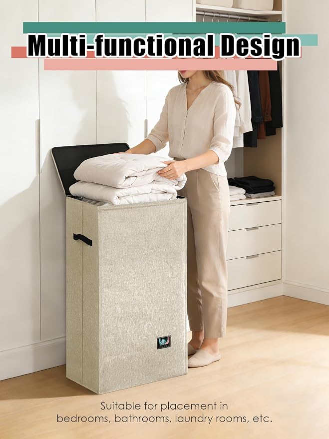 WTREE Laundry Hamper with Lid, Reinforced Sturdy Clothes Hamper with Anti-Puncture Base, Large Collapsible Laundry Basket with Removable Liner Bag, Tall Dirty Clothes Bin for Family, 100L Beige - Image 6
