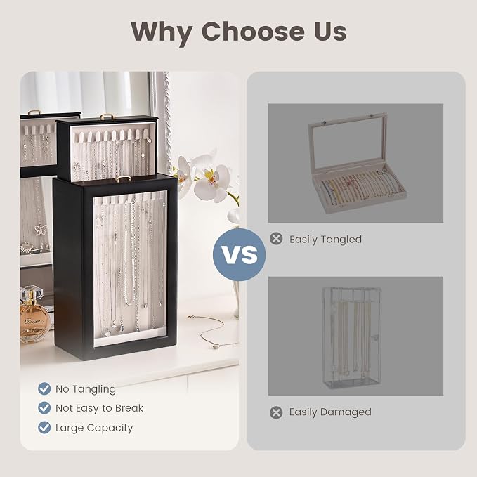 Lolalet Upgraded Double-Sided Hanging Necklace Organizer Box, Jewelry Display Case with Double-Sided Clear Window for Necklaces Bracelets, Tangle-Free Necklace Storage Box, Mothers Day Gift - Image 6