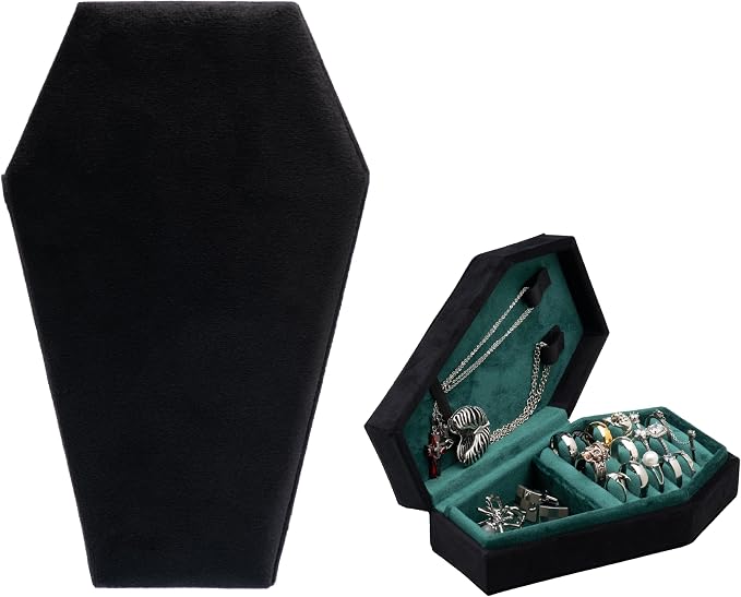 Velvet Coffin Jewelry Travel Case Holder for Gothic Wedding Ceremony Jewelry Organizer Decoration (Black and Green) by DECORATIVEBOX