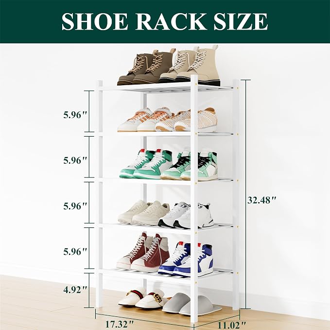 Smiry Shoe Rack, 5 Tier Small Bamboo Shoe Organizer, Stackable Free Standing Wooden Shoe Storage Shelf for Closet, Entryway, Front Door Entrance, White - Image 2