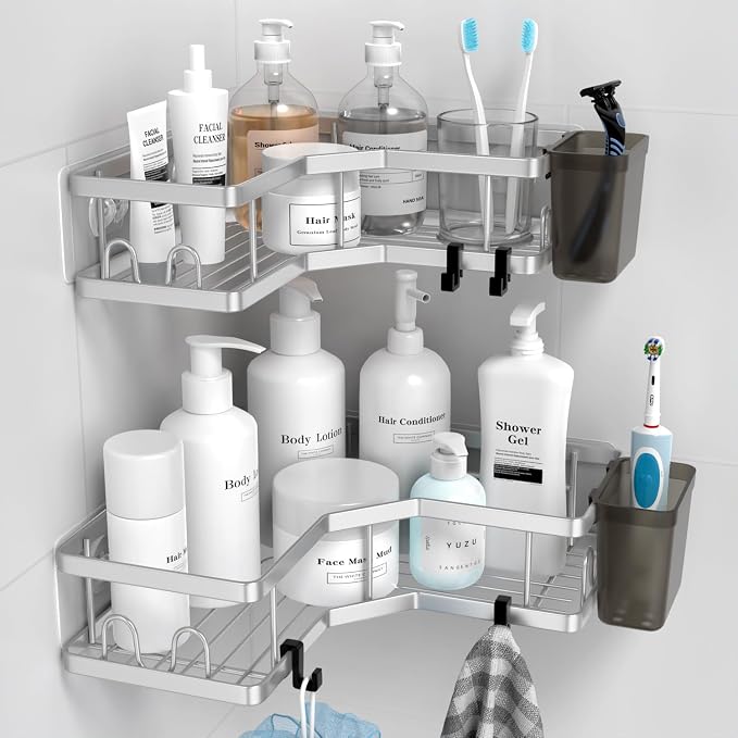 AKTECKE Corner Shower Caddy Shelf Rack: 2 Pack Adhesive Shower Organizer Essentials - No Drilling Stainless Steel Bathroom Storage Rack with Hooks and Toothpaste Holder - Image 2