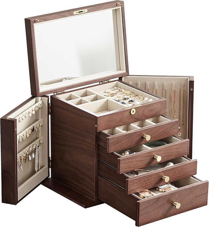 CHOSIN Black Walnut Wooden Jewelry Box for Women with Mirror, 5 Drawers and 2 Side Doors for Watches, Necklaces, Rings, Earrings Storage, Mothers Day Gifts for Mom by CHOSIN
