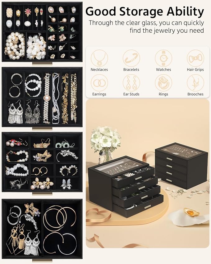 AKOZLIN Jewelry Box with Clear Lid Functional Leather Jewelry Storage Organizer Case 4 Drawers for Women Girls Necklace Ring Bracelet Earring - Image 6