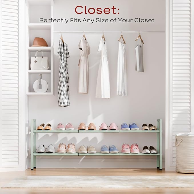 Bumusty 2-Tier Long Expandable Shoe Rack for Closet, 18"-44" Adjustable Shoe Rack for Entryway, 10-12 Pairs Large Shoe Organizer Shelf Storage, Sturdy Metal, Green - Image 2