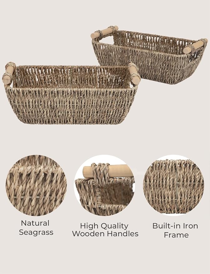 StorageWorks Small Baskets for Shelf, Seagrass Woven Basket with Wooden Handles for Gifts, 2-Pack - Image 3