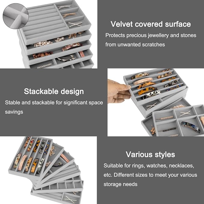 12Pcs Velvet Stackable Jewelry Trays, Jewelry Drawer Organizer, Large Removable Display Jewelry Tray, Necklace Bracelet Storage Box for Earring, Ring, Brooch, Watch (Grey) - Image 3