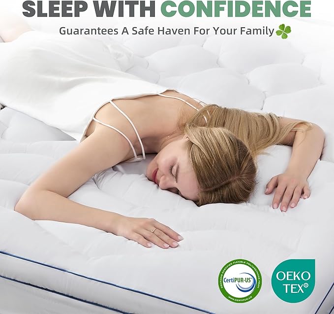 BDEUS Queen Mattress Pad, Extra Thick 1450GSM Mattress Topper, Four Leaf Clover Soft Mattress Protector Cover with 21" Deep Pocket for Back Pain Relief, 3D+7D Down Alternative Fill Overfilled, White