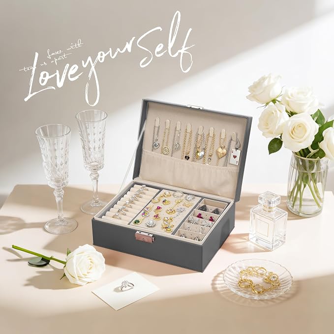 Homeanda Jewelry box 2 layer Jewelry box Leather Jewelry boxes for Women Girls Teens Jewelry organizer box Jewelry Storage box with lock(Grey) - Image 2
