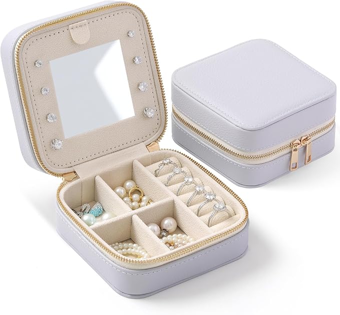 Genuine Leather Travel Jewelry Organizer Case with Mirror for Women, Small Mini Portable Jewelry Box for Ring Earrings Necklace Bracelet Luxury Gift for Women（Lilac） by NGVRC