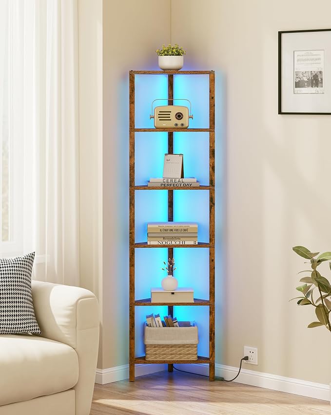TUTOTAK Corner Shelf with LED Light, 6-Tier Corner Bookshelf for Small Space, Narrow Display Corner Shelf Stand with Storage Rack, for Living Room, Bedroom, Brown BS05BC006L - Image 4