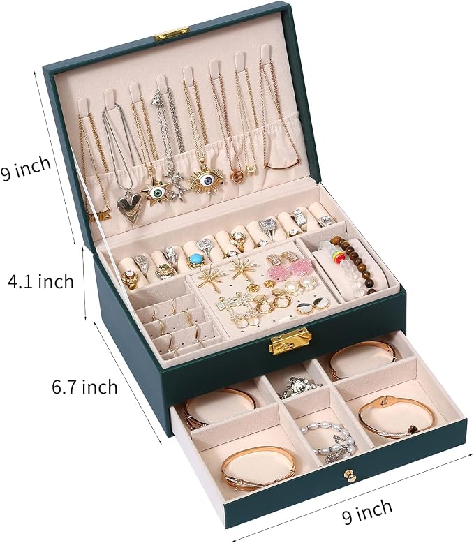 GUOER Jewelry Box for Women Girl Wife - Large PU Leather Jewelry Organizer Storage Case with Two Layers Display for Earrings Bracelets Rings Watches (Green) - Image 3