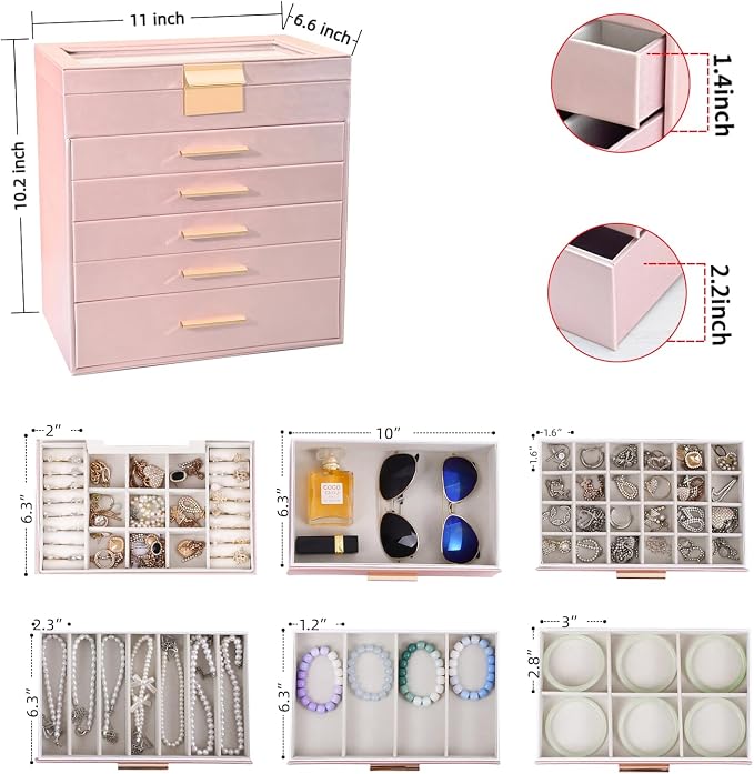BOOVO Jewelry Boxes for Women, White and Black 6 Layer Large Jewelry Box for Necklace, Bracelet, Earrings, Rings Storage, Jewelry holder Organizer for Girls Gift (Rose gold, 6 layer) - Image 4