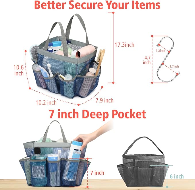 F-color Mesh Shower Caddy Portable - 2 Handles Upgrade Deeper 7 Pockets Basket Bag Tote for College Dorm Room Toiletry Bathroom Essentials Gym Camp Quick Dry with S Hook, 2 Pack Blue - Image 5