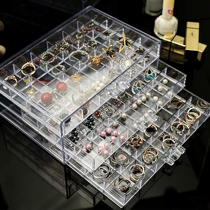 YUFONG Earring Storage Box Organizer 3 Drawers Acrylic Jewelry Storage Box Holder Transparent Jewelry Display Stand with 72 Small Compartments Gift for Women Girls (Clear) by YUFONG