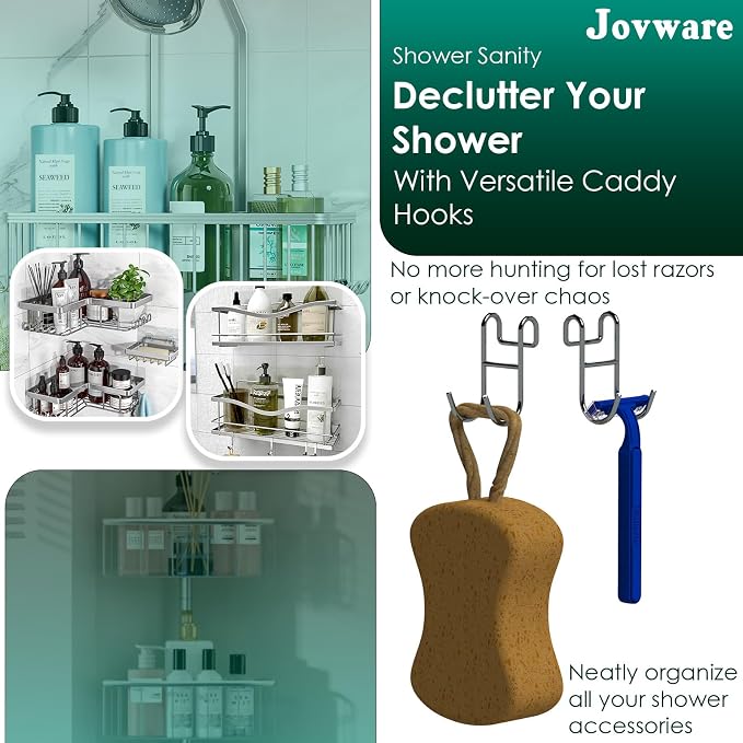 Shower Caddy With Hooks - Razor Holder and Loofah Hanger 2 Pack Silver - Image 2