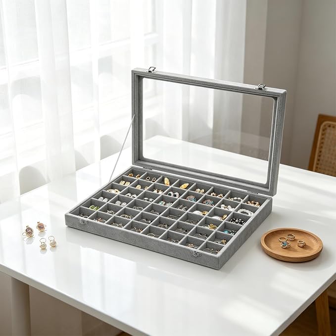 Stratalife Jewelry Organizer 48 Grid Jewelry Trays with Dust-proof Lid Velvet Earring Organizer Ring Holder Accessories Box Necklaces Earrings Storage for Women Drawers Gray - Image 6