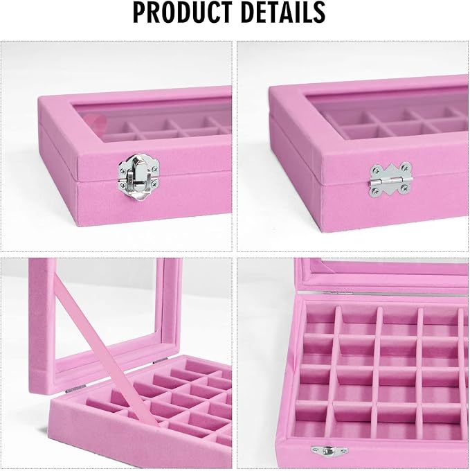 Vicoter Velvet Jewelry Box 24 Grid Jewelry Ring Display Organiser Box Tray Holder Earrings Storage Case for Girls Wife Mom Women (Pink) - Image 4