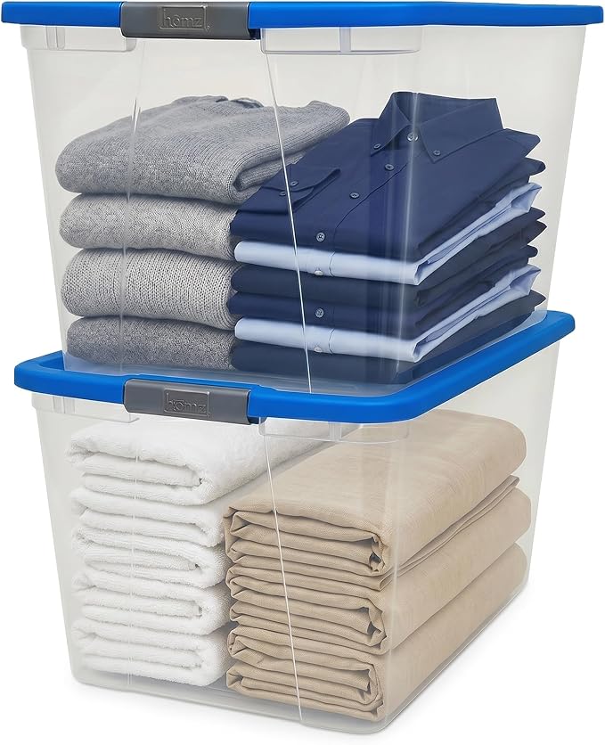 HOMZ 2-Pack Secure Latch, Clear Plastic Storage Organizer Bins, 64 Quart, Blue Lid - Stackable Container Boxes for Bedroom, Bathroom, Garage, and Office Organization by Homz