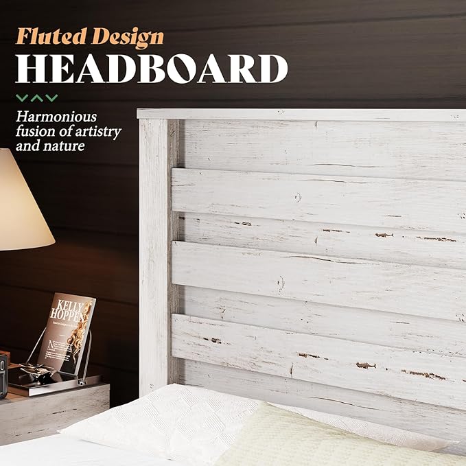 LUXOAK 3 Pcs Bedroom Furniture Sets, Farmhouse King Size Bed Frame with 49" Tall Headboard and Nightstand Sets of 2 with Charging Station, Slated Handles & Stainless Steel Feet, Distressed White