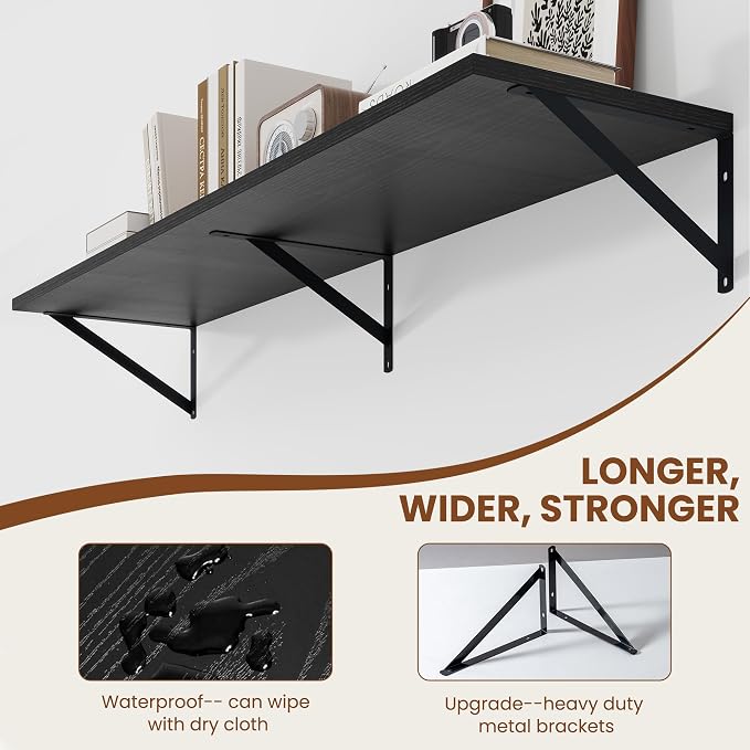 Heimlove Black Deep Floating Shelves for Wall, 48W x 12D Wood Wall Shelves Set of 2, Wide Floating Bookshelf for Living Room, Kitchen, Office, Bedroom and Decor Storage, with Metal Bracket - Black - Image 5