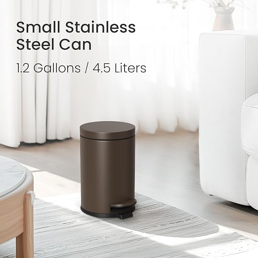 Cesun 1.2 Gallons Small Brown Trash Can, Bathroom Garbage Can with Lid and Foot Pedal, Mini Round Wastebasket for Bathroom, Bedroom, Office, 4.5 Liters / 1.2 Gallons, Brown - Image 2
