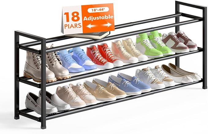 Bumusty 3-Tier Long Expandable Shoe Rack for Closet, 18"-44" Adjustable Shoe Rack for Entryway, 15-18 Pairs Large Shoe Organizer Shelf Storage, Sturdy Metal, Black by BUMUSTY