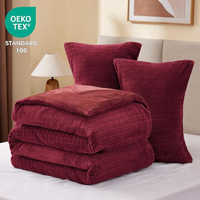 Flannel Fleece Full Comforter Set - Furry Burgundy Leaves Pattern Faux Fur Bed Set, Winter Ultra Soft Fuzzy Comfort Set, Velvet Bedding Set for Bed with 2 Pillow Cases