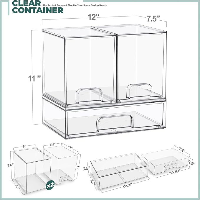 Sorbus Stackable Acrylic Storage Drawers – 2 Tall + 1 Wide – 3 Pack Clear Plastic Organizer Bins for Baby Bottles, Makeup, Bathroom & Vanity, Pull-Out Drawer Design for Kitchen Cabinets - Image 3