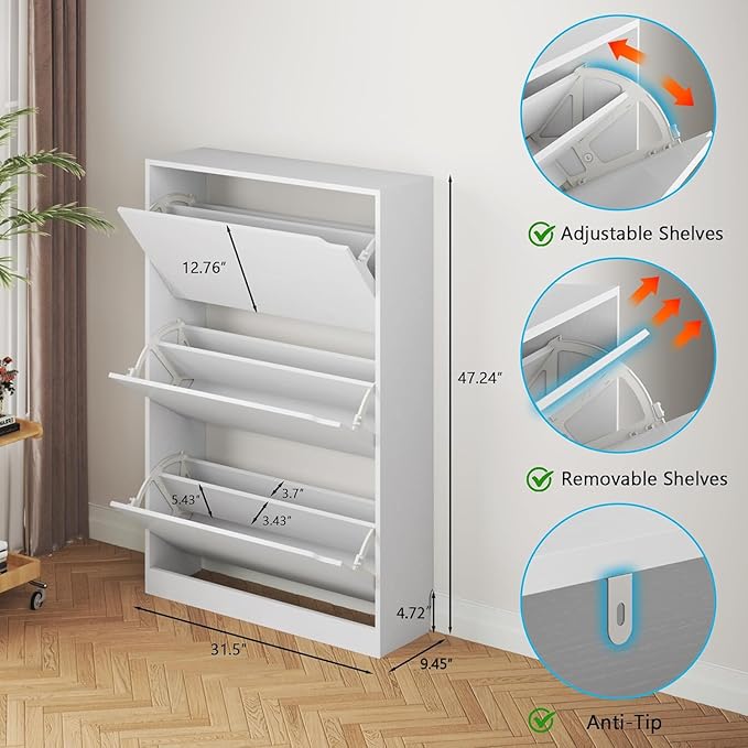 BORNOON Shoe Cabinet with 3 Flip Drawers, Hidden Wood Shoe Cabinet,Freestanding Shoe Storage Cabinet for Entryway Hallway.White. 47.2" H*31.5" W*9.45" D. - Image 2