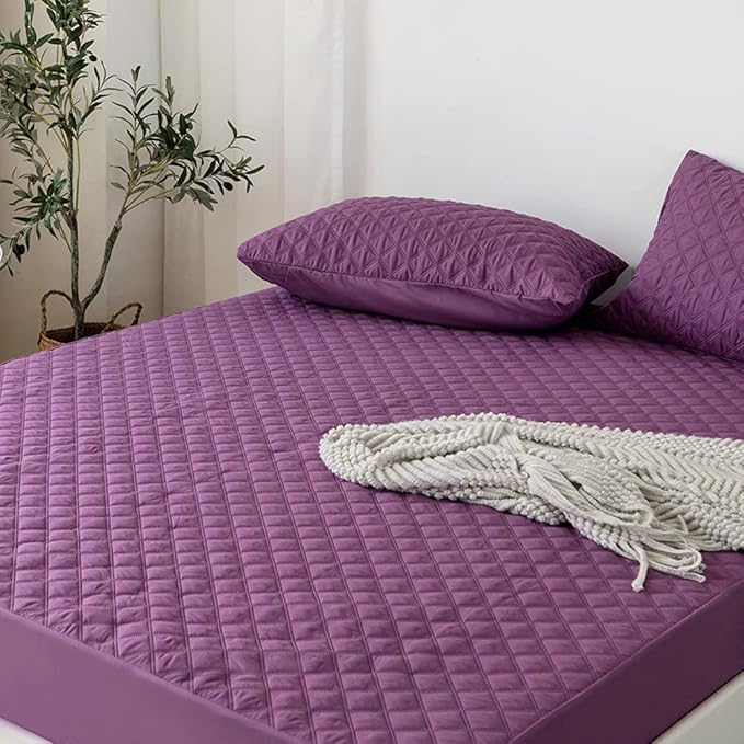 vctops Quilted Fitted Sheet Waterproof Mattress Protector Pad Ultra Soft Elastic Fitted Deep Pocket Bed Cover (Purple,King)