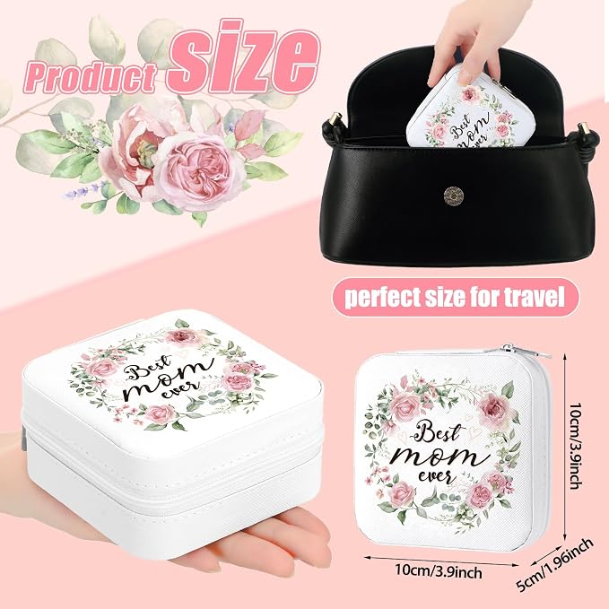 Kacctyen 12 Pieces Best Mom Ever Mini Travel Jewelry Case Bulk Mother's Day Church Gifts Watercolor Flowers Women Party Favor Gift for Secretary Girls Leather Travel Jewelry Case - Image 2