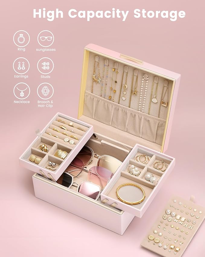 Lolalet Jewelry Box Organizer for Women Girls, 2 Layer Jewelry Organizers and Storage for Necklace Earrings Rings Bracelets, Large Jewellery Holder Case Birthday Mothers Day Gifts -Pink - Image 3