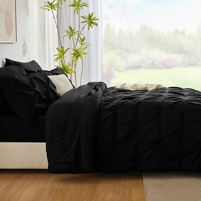CozyLux California King Comforter Set Black - 7 Pieces Cal King Pintuck Bed in A Bag Gift for Family, Pinch Pleat Bedding Sets with All Season Comforter, Sheets, Pillowcases & Shams
