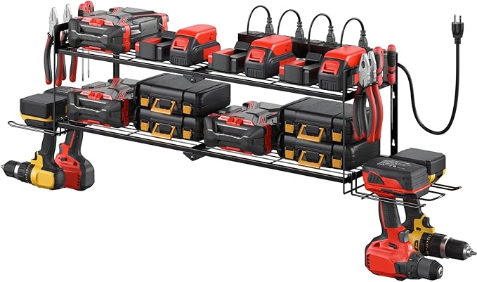 CCCEI Large Garage Tools Storage with Charging Station. Power Tool Battery Organizer Utility Shelf with Power Strip. 4 Drills Holder Wall Mount Rack. by CCCEI