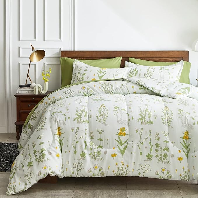 Joyreap 6 Piece Bed in a Bag Twin, Green Leaves Yellow Flower Botanical Design, Smooth Soft Microfiber Comforter Set (1 Comforter, 2 Pillow Shams, 1 Flat Sheet, 1 Fitted Sheet, 1 Pillowcase)