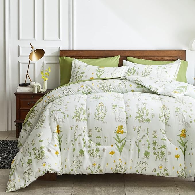 Joyreap 7 Piece Bed in a Bag King, Green Leaves Yellow Flower Botanical Design, Smooth Soft Microfiber Comforter Set (1 Comforter, 2 Pillow Shams, 1 Flat Sheet, 1 Fitted Sheet, 2 Pillowcases)