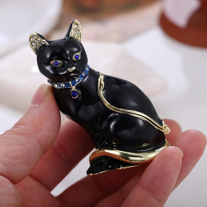 Hand Painted Animal Trinket Box for Home Decor, Hinged Jewelry Organizer Storage, Unique Personalized Collectible Keepsake Figurine Handmade Decorative Ornament Gifts (Black Cat) - Image 7